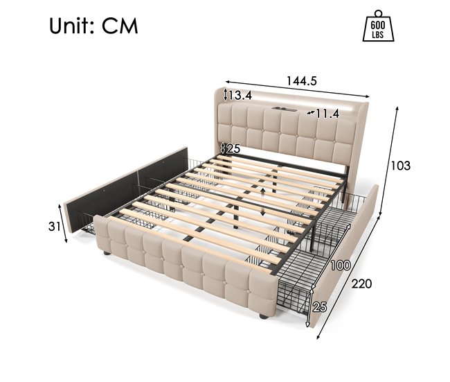 Conforama Cama De Matrimonio De Madera Maciza 140x200cm Con Luz LED 4 Cajónes Y Puerto USB Sin Colchón Beige