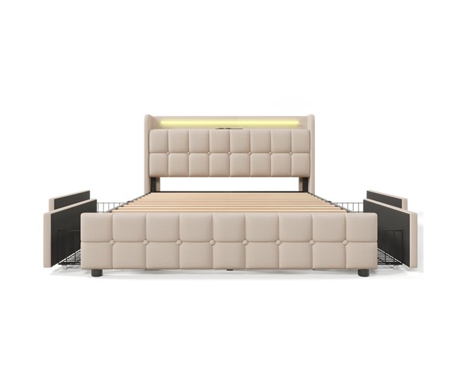 Conforama Cama De Matrimonio De Madera Maciza 140x200cm Con Luz LED 4 Cajónes Y Puerto USB Sin Colchón Beige