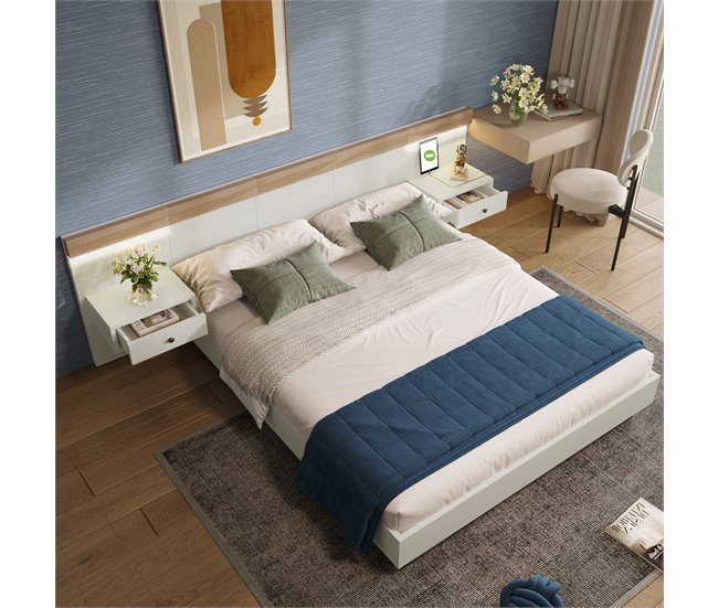 Conforama Cama De Matrimonio De Madera Maciza 140x200cm Con Luz LED 2 Mesitas De Noche(2 Cajónes) Puerto USB Y Tipo C Sin Colchón Blanco+color Madera
