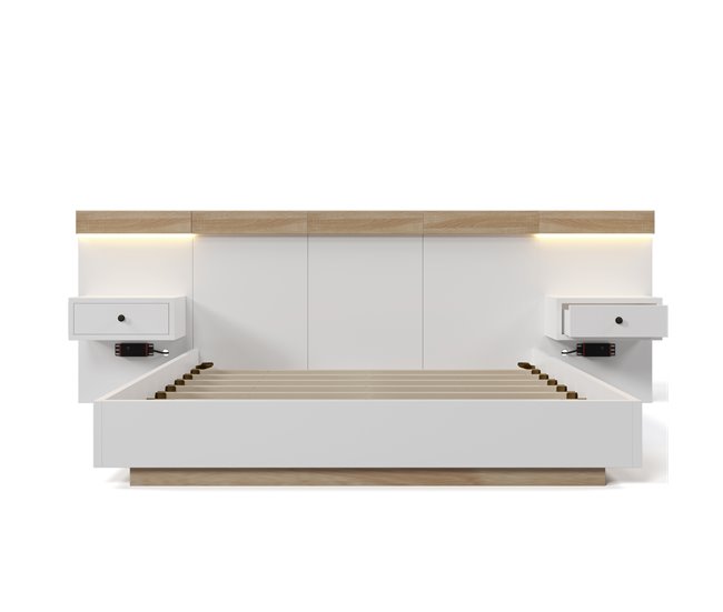 Conforama Cama De Matrimonio De Madera Maciza 140x200cm Con Luz LED 2 Mesitas De Noche(2 Cajónes) Puerto USB Y Tipo C Sin Colchón Blanco+color Madera