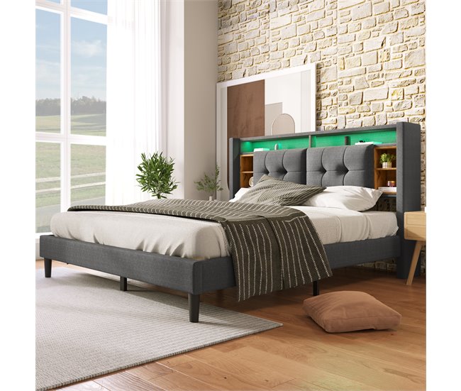 Conforama Cama De Matrimonio De Madera Maciza 140x200cm Con Luz LED Puerto USB 6 Compartimentos Y Cabecero De Almacenaje Sin Colchón Gris