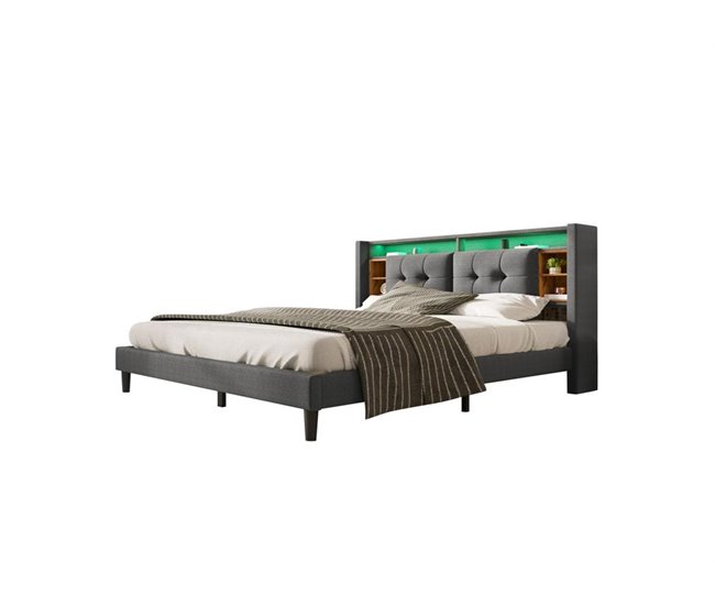 Conforama Cama de matrimonio de madera maciza 140x200cm con luz LED puerto USB 6 compartimentos y cabecero de almacenaje sin colchón gris