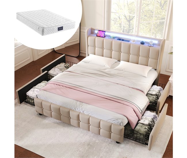Conforama Cama De Matrimonio De Madera Maciza 140x200cm Con Luz LED 4 Cajónes Y Puerto USB Incluye Colchón Beige