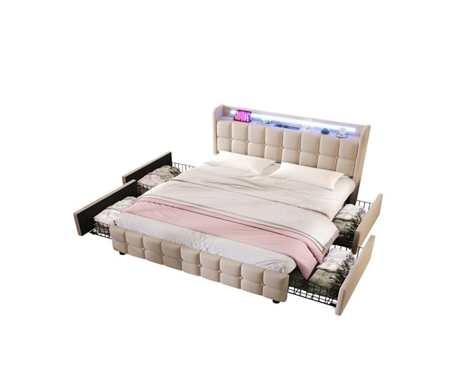 Conforama Cama de matrimonio de madera maciza 140x200cm con luz LED 4 cajónes y puerto USB incluye colchón beige