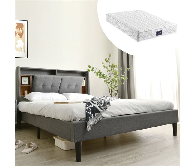 Conforama Cama De Matrimonio De Madera Maciza 140x200cm Con Luz LED Puerto USB 6 Compartimentos Y Cabecero De Almacenaje Incluye Colchón Gris