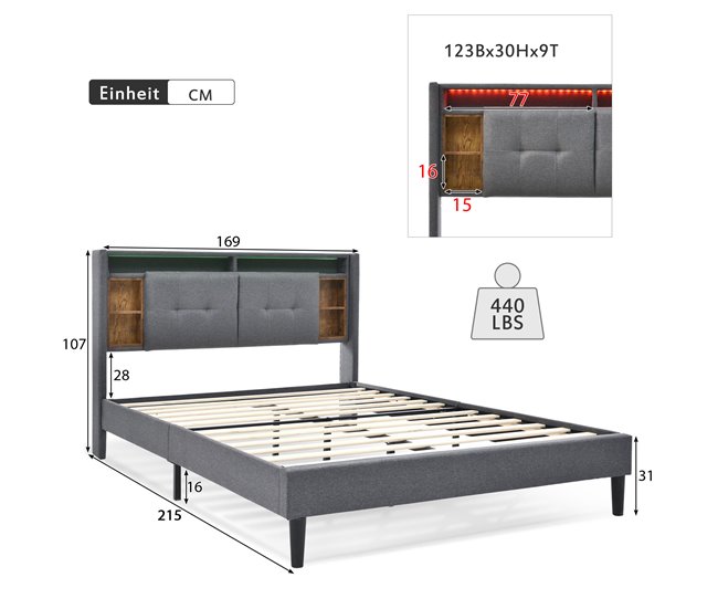 Conforama Cama De Matrimonio De Madera Maciza 160x200cm Con Luz LED Puerto USB 6 Compartimentos Y Cabecero De Almacenaje Sin Colchón Gris