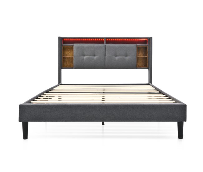 Conforama Cama De Matrimonio De Madera Maciza 160x200cm Con Luz LED Puerto USB 6 Compartimentos Y Cabecero De Almacenaje Sin Colchón Gris