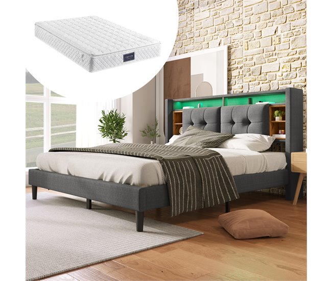Conforama Cama De Matrimonio De Madera Maciza 160x200cm Con Luz LED Puerto USB 6 Compartimentos Y Cabecero De Almacenaje Incluye Colchón Gris