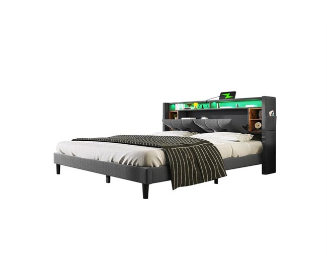 Conforama Cama de matrimonio de madera maciza 160x200cm con luz LED puerto USB 6 compartimentos y cabecero de almacenaje incluye colchón gris