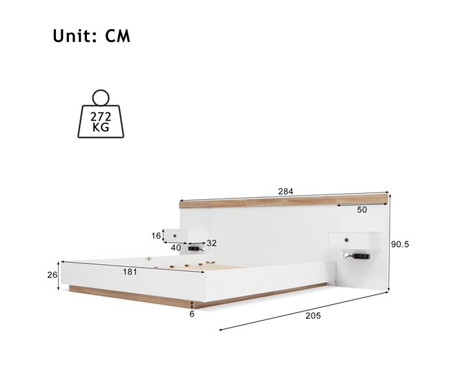 Conforama Cama De Matrimonio De Madera Maciza 180x200cm Con Luz LED 2 Mesitas De Noche(2 Cajónes) Puerto USB Y Tipo C Sin Colchón Blanco+color Madera