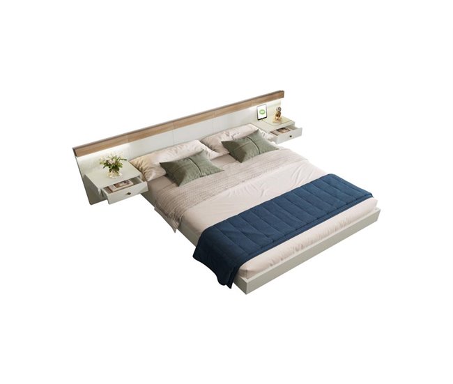 Conforama Cama de matrimonio de madera maciza 180x200cm con luz lED 2 mesitas de noche(2 cajónes) puerto USB y tipo C sin colchón blanco+color madera