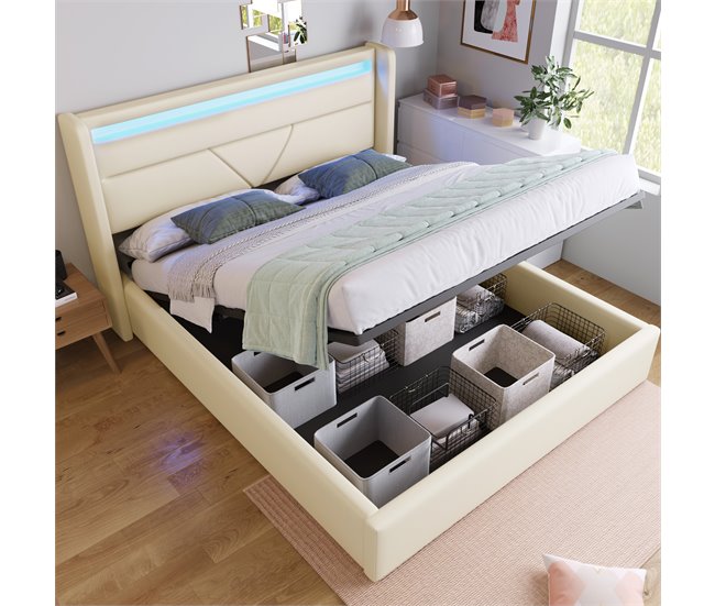 Conforama Cama De Matrimonio De Poliuretano 140x200cm Con Almacenaje Y Luz LED Sin Colchón Blanco