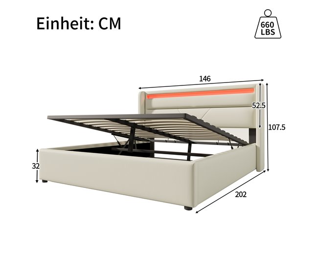 Conforama Cama De Matrimonio De Poliuretano 140x200cm Con Almacenaje Y Luz LED Incluye Colchón Blanco