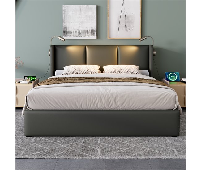 Conforama Cama De Matrimonio De Poliuretano 140x200cm Con Almacenaje Luz De Lectura Y Puerto USB Sin Colchón Gris