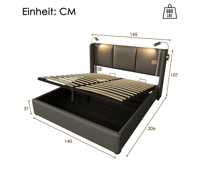 Conforama Cama De Matrimonio De Poliuretano 140x200cm Con Almacenaje Luz De Lectura Y Puerto USB Sin Colchón Gris