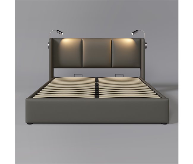 Conforama Cama De Matrimonio De Poliuretano 140x200cm Con Almacenaje Luz De Lectura Y Puerto USB Sin Colchón Gris