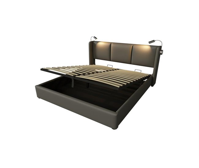 Conforama Cama de matrimonio de poliuretano 140x200cm con almacenaje luz de lectura y puerto USB sin colchón gris
