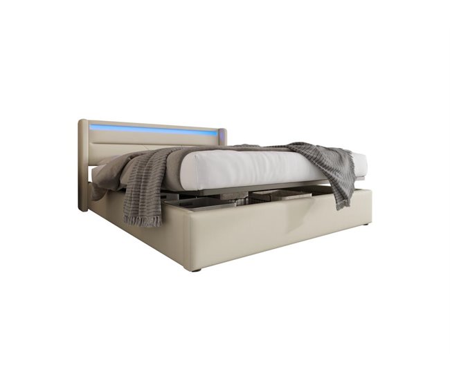 Conforama Cama de matrimonio de poliuretano 140x200cm con almacenaje y luz LED sin colchón blanco
