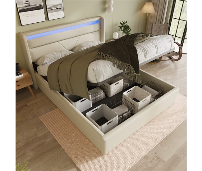 Conforama Cama De Matrimonio De Poliuretano 160x200cm Con Almacenaje Y Luz LED Sin Colchón Blanco