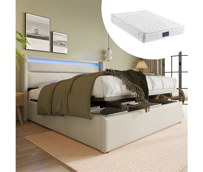 Conforama Cama De Matrimonio De Poliuretano 160x200cm Con Almacenaje Y Luz LED Incluye Colchón Blanco