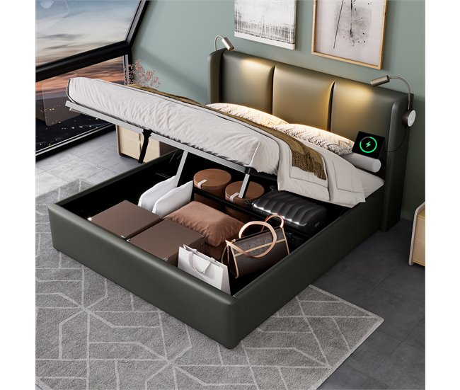 Conforama Cama De Matrimonio De Poliuretano 160x200cm Con Almacenaje Luz De Lectura Y Puerto USB Sin Colchón Gris