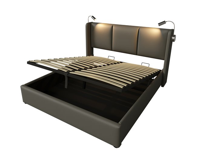 Conforama Cama De Matrimonio De Poliuretano 160x200cm Con Almacenaje Luz De Lectura Y Puerto USB Sin Colchón Gris