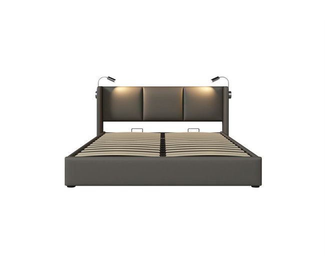 Conforama Cama de matrimonio de poliuretano 160x200cm con almacenaje luz de lectura y puerto USB sin colchón gris