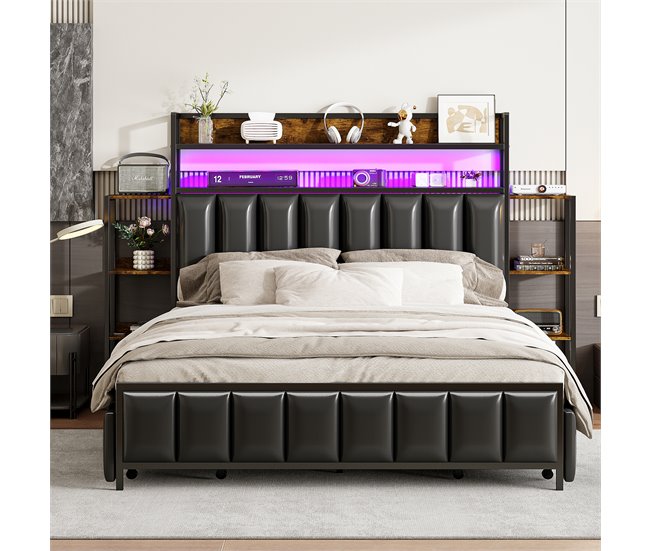 Conforama Cama De Piel Sintética De 140x200 Cm - Con LED 4 Cajones Y Estantes - Negro