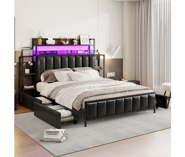 Conforama Cama De Piel Sintética De 140x200 Cm - Con LED 4 Cajones Y Estantes - Negro