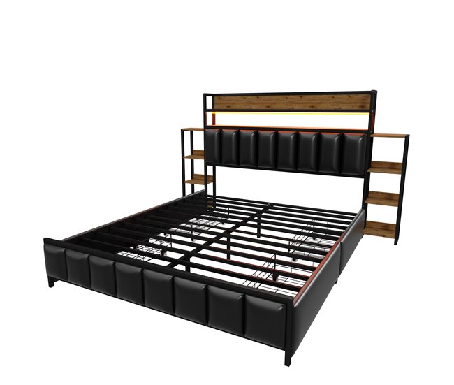 Conforama Cama De Piel Sintética De 140x200 Cm - Con LED 4 Cajones Y Estantes - Negro