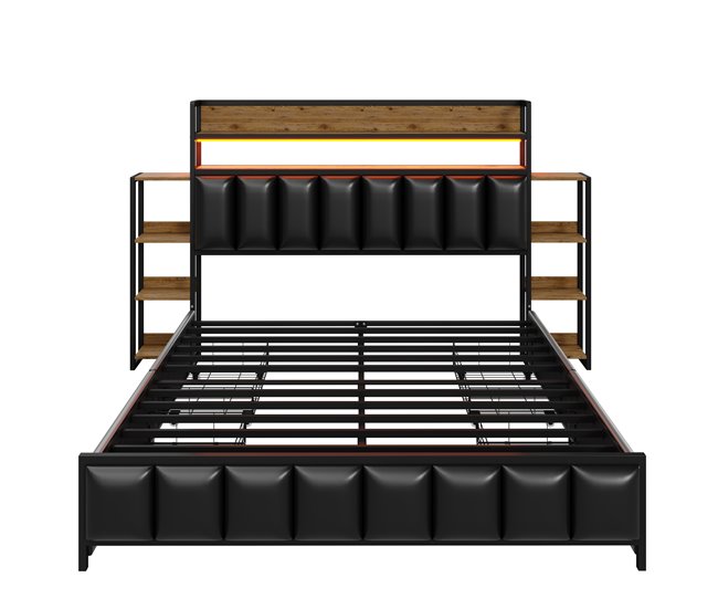 Conforama Cama de piel sintética de 140x200 cm - con LED 4 cajones y estantes - Negro