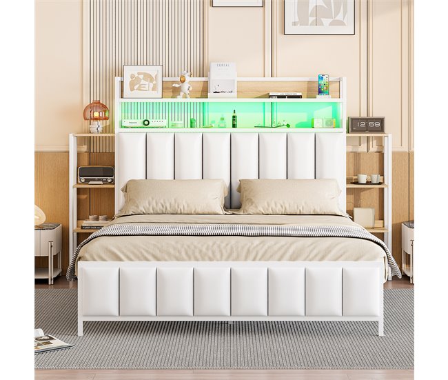 Conforama Cama De Piel Sintética De 140x200 Cm - Con LED Y Estantes - Blanco