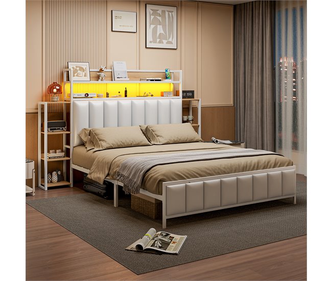 Conforama Cama De Piel Sintética De 140x200 Cm - Con LED Y Estantes - Blanco