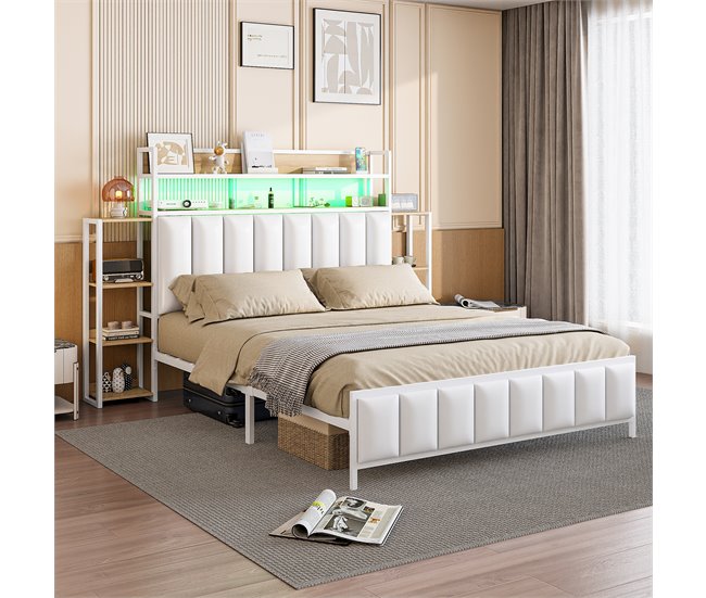 Conforama Cama De Piel Sintética De 140x200 Cm - Con LED Y Estantes - Blanco