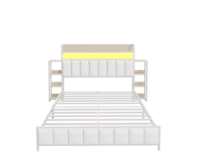 Conforama Cama de piel sintética de 140x200 cm - con LED y estantes - Blanco