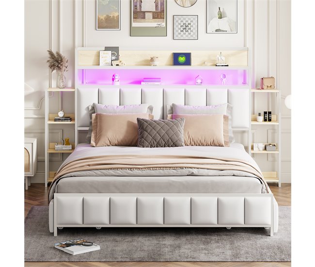 Conforama Cama De Piel Sintética De 160x200 Cm - Con LED 4 Cajones Y Estantes - Blanco