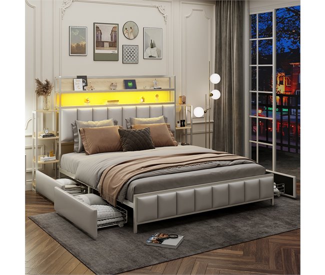 Conforama Cama De Piel Sintética De 160x200 Cm - Con LED 4 Cajones Y Estantes - Blanco