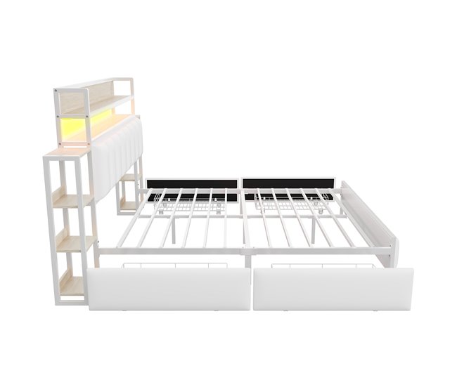 Conforama Cama De Piel Sintética De 160x200 Cm - Con LED 4 Cajones Y Estantes - Blanco