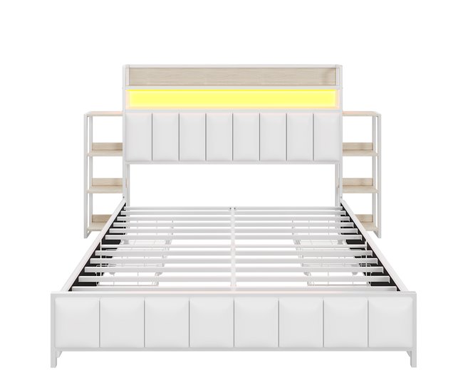 Conforama Cama de piel sintética de 160x200 cm - con LED 4 cajones y estantes - Blanco