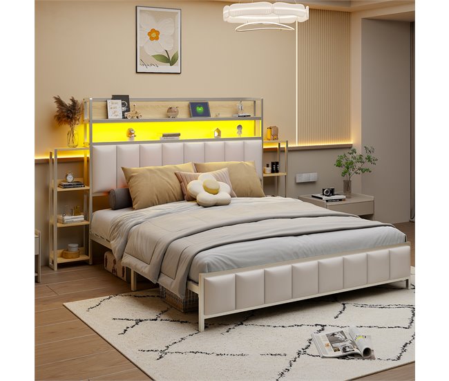Conforama Cama De Piel Sintética De 160x200 Cm - Con LED Y Estantes - Blanco