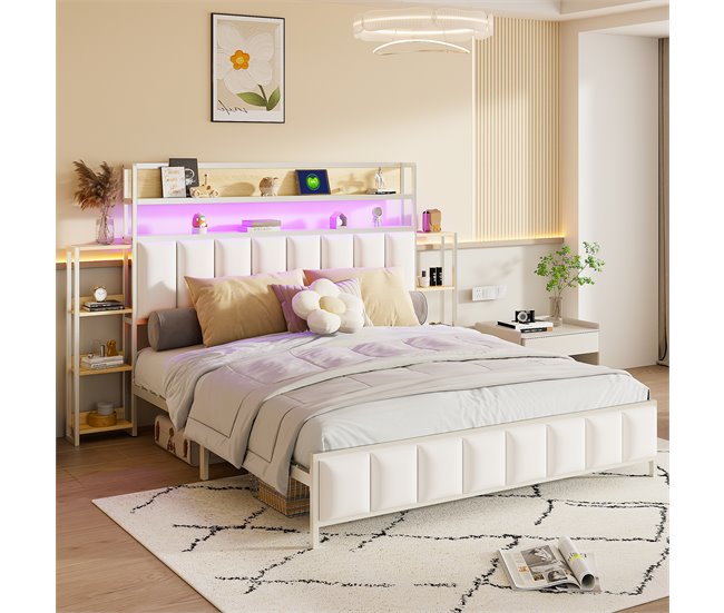 Conforama Cama De Piel Sintética De 160x200 Cm - Con LED Y Estantes - Blanco