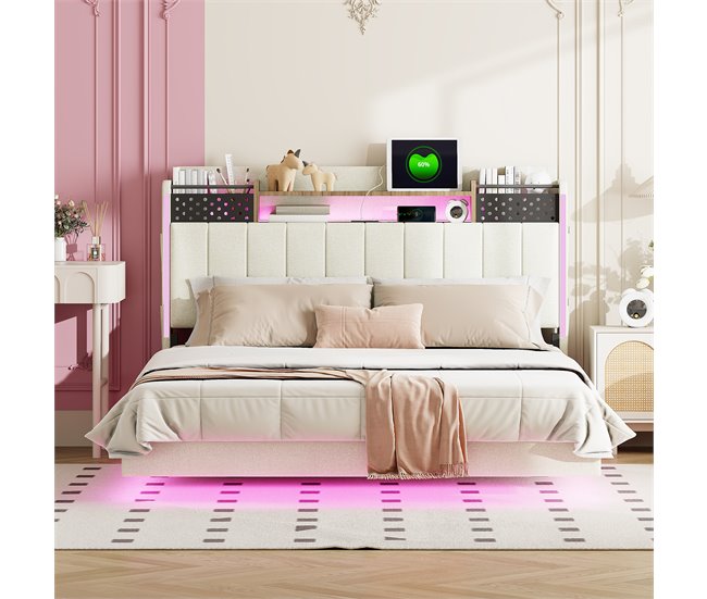 Conforama Cama De Tela De Lino 140x200 Cm - Con Toma USB Y Somier - Beige