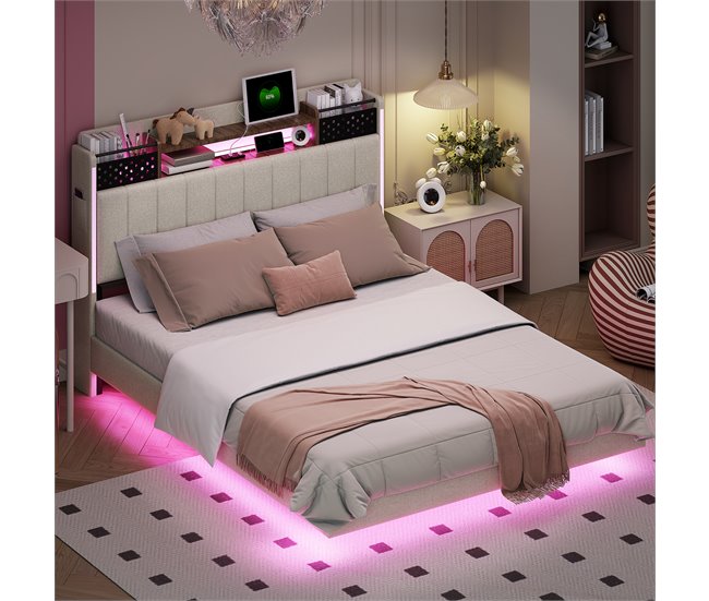 Conforama Cama De Tela De Lino 140x200 Cm - Con Toma USB Y Somier - Beige