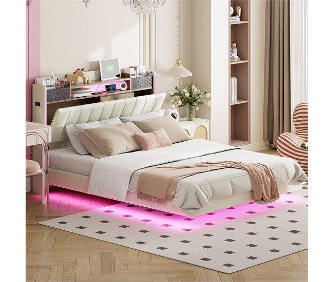 Conforama Cama De Tela De Lino 140x200 Cm - Con Toma USB Y Somier - Beige