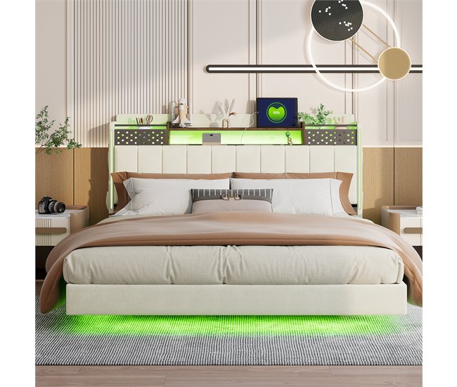 Conforama Cama De Tela De Lino 160x200 Cm - Con Toma USB Y Somier - Beige