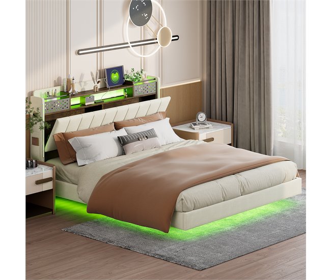 Conforama Cama De Tela De Lino 160x200 Cm - Con Toma USB Y Somier - Beige