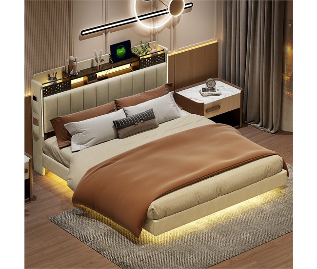 Conforama Cama De Tela De Lino 160x200 Cm - Con Toma USB Y Somier - Beige