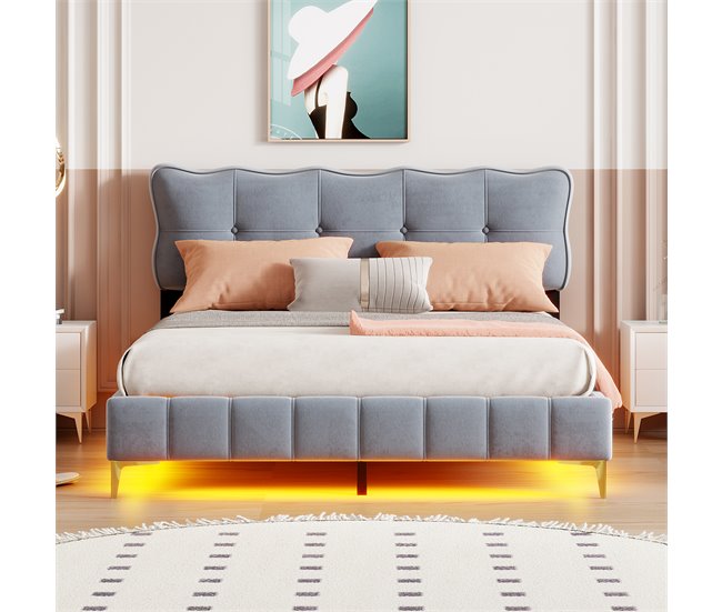 Conforama Cama De Terciopelo 160x200 Cm - Con Iluminación LED Y Somier - Gris