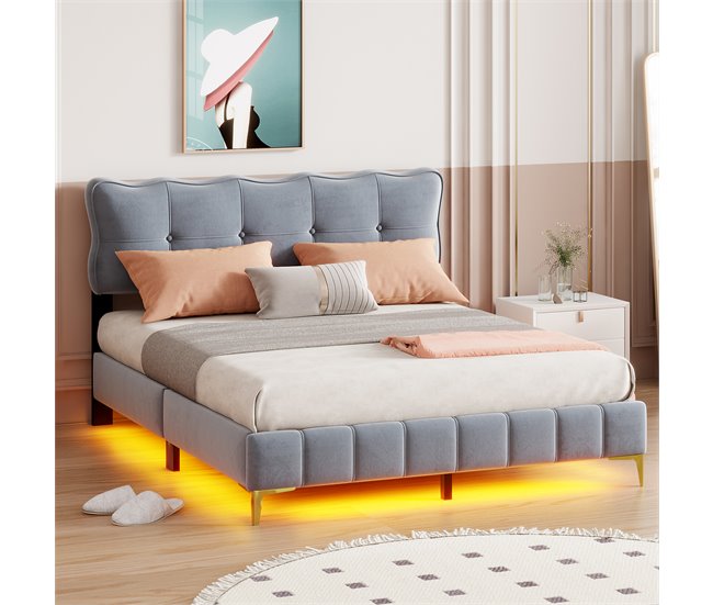Conforama Cama De Terciopelo 160x200 Cm - Con Iluminación LED Y Somier - Gris