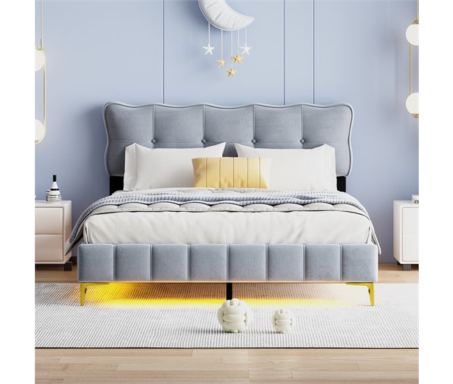 Conforama Cama De Terciopelo 160x200 Cm - Con Iluminación LED Y Somier - Gris